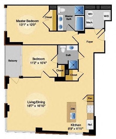 Floor plan for 2 beds, 2 baths, 1411 sqft
